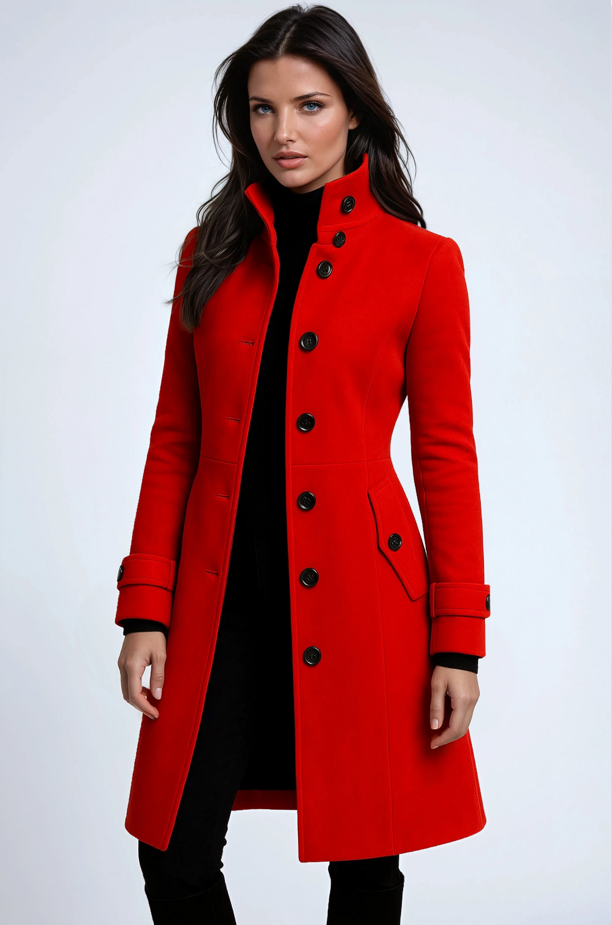 Women's longline trench coat with high collar, button front and cuff tabs