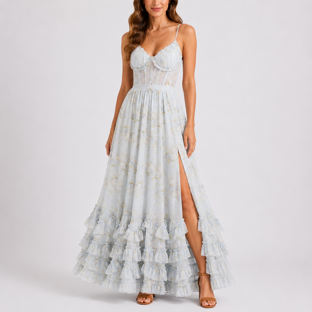 Women's Floral Maxi Dress Corset Ruffle Hem - Blue