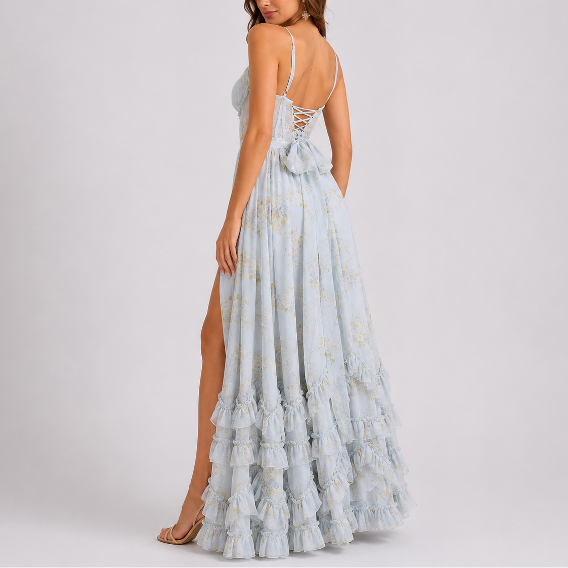 Women's Floral Maxi Dress Corset Ruffle Hem - Blue
