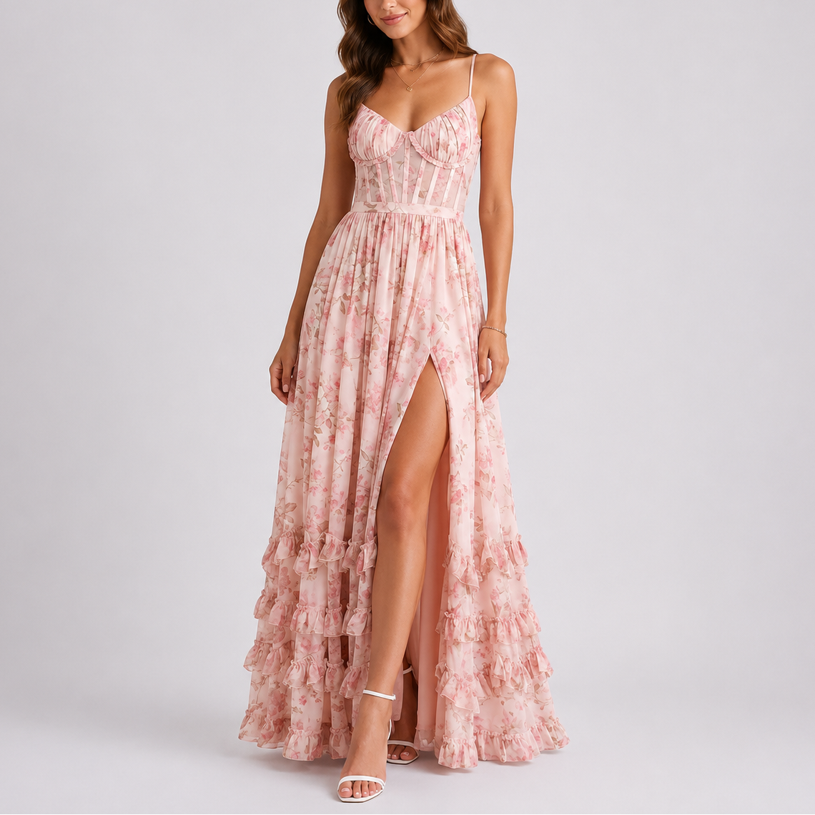 Women's Floral Maxi Dress Corset Ruffle Hem - Pink