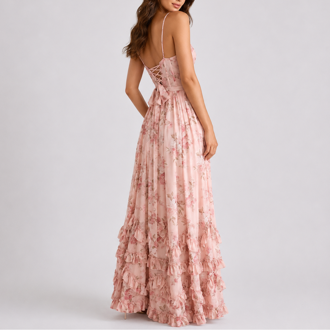 Women's Floral Maxi Dress Corset Ruffle Hem - Pink