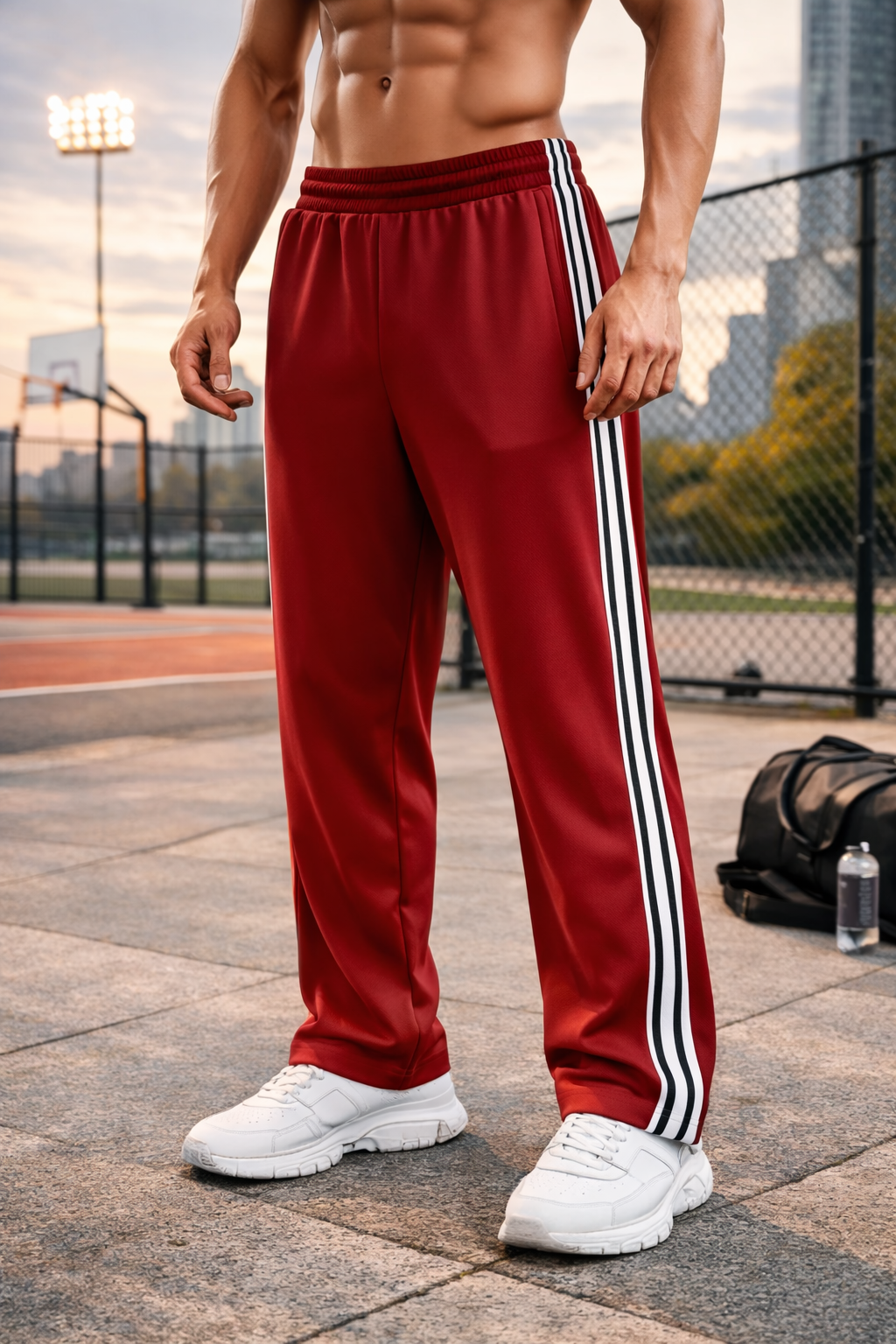 Men's Tracksuit Trousers Wide Leg Stripe Detail - Red