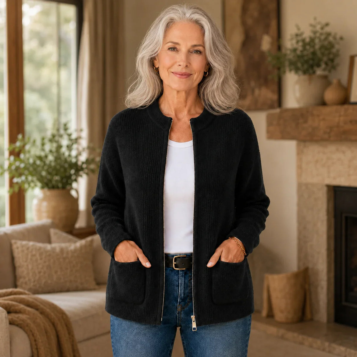Women's ribbed knit cardigan with crew neck, zip front and patch pockets