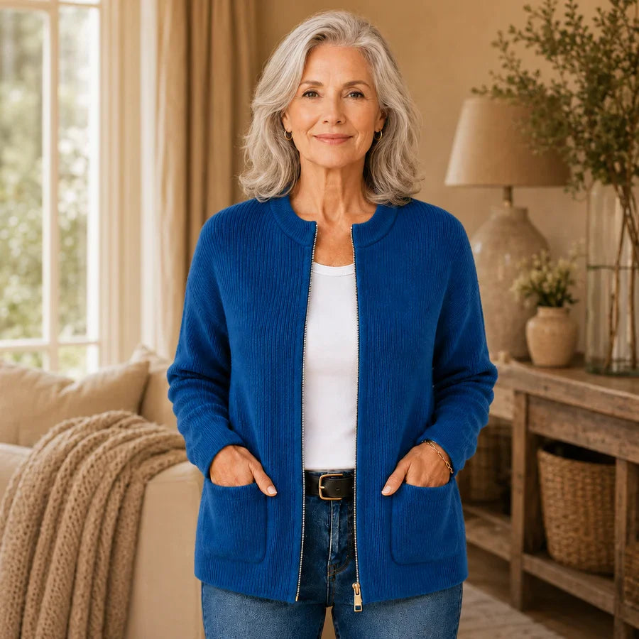 Women's ribbed knit cardigan with crew neck, zip front and patch pockets