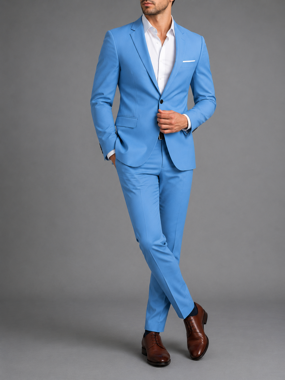 Men's two piece suit with notched lapels, matching trousers and button fastening