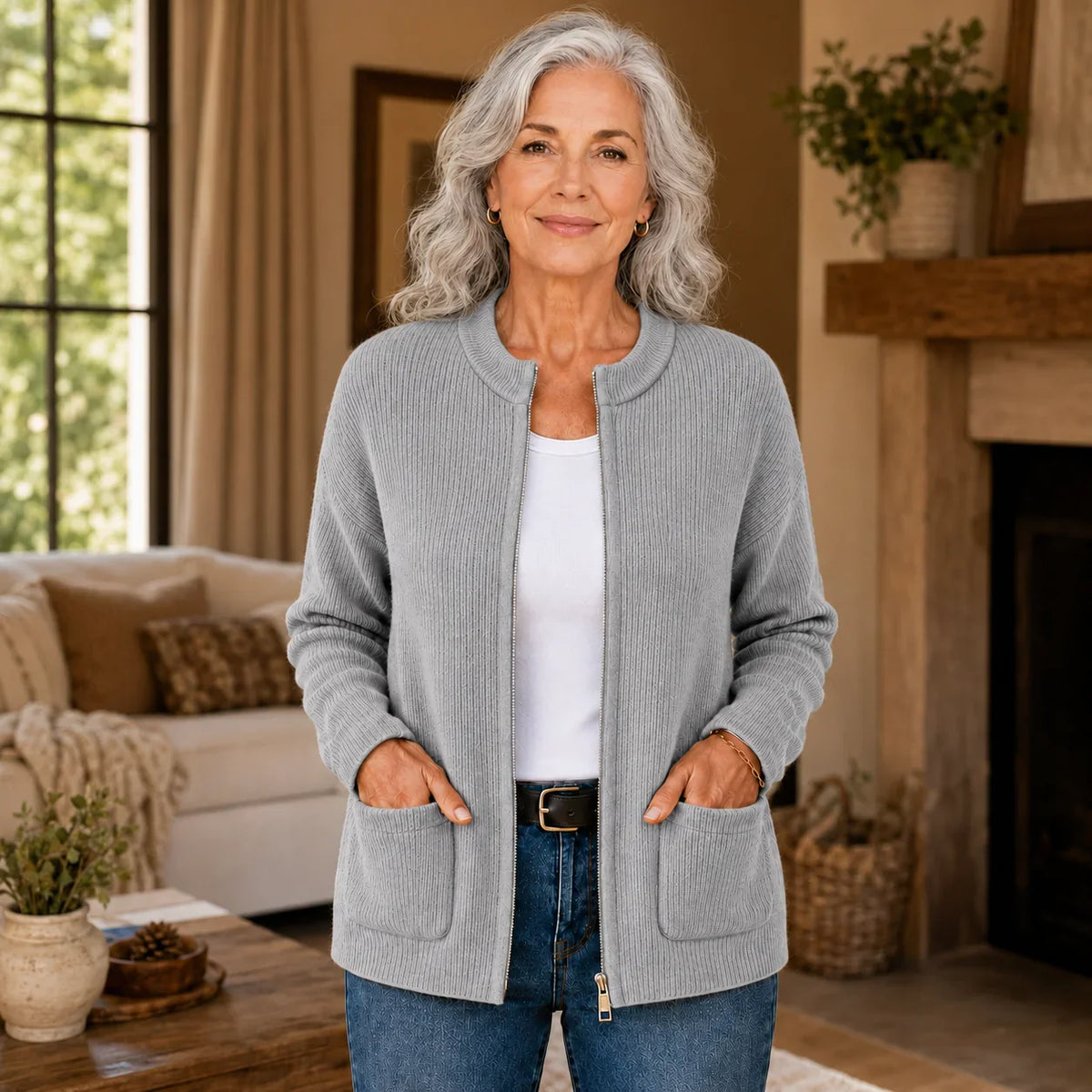 Women's ribbed knit cardigan with crew neck, zip front and patch pockets