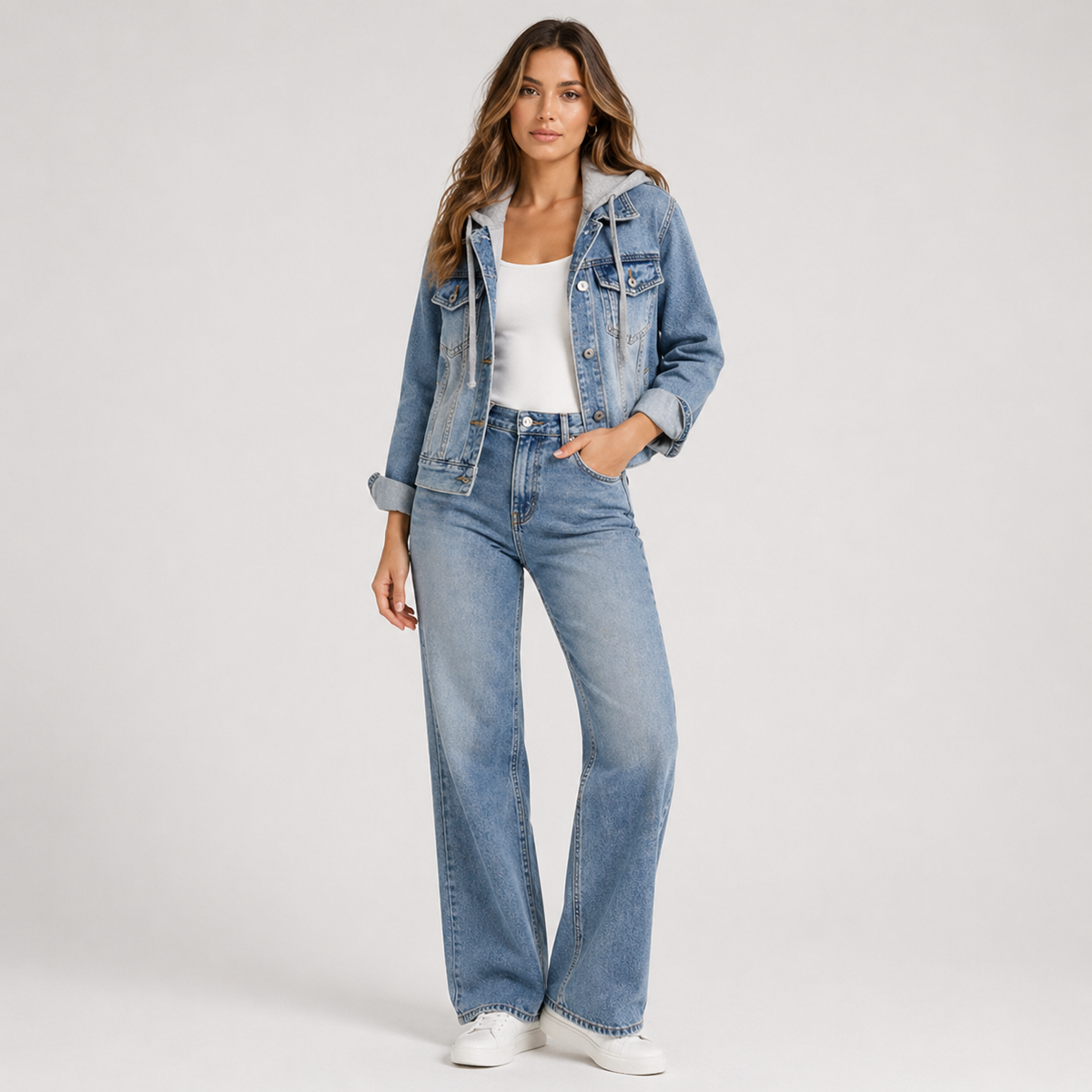 Women's hooded denim jacket with long sleeves, button front and chest pockets