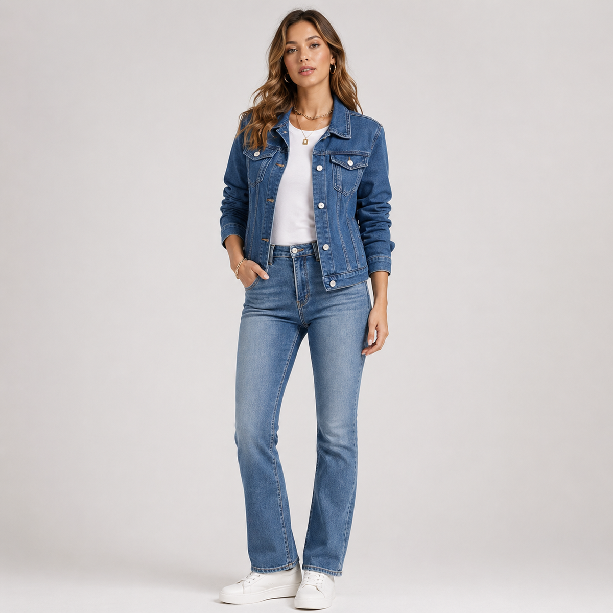 Women's denim jacket with point collar, button front and chest pockets