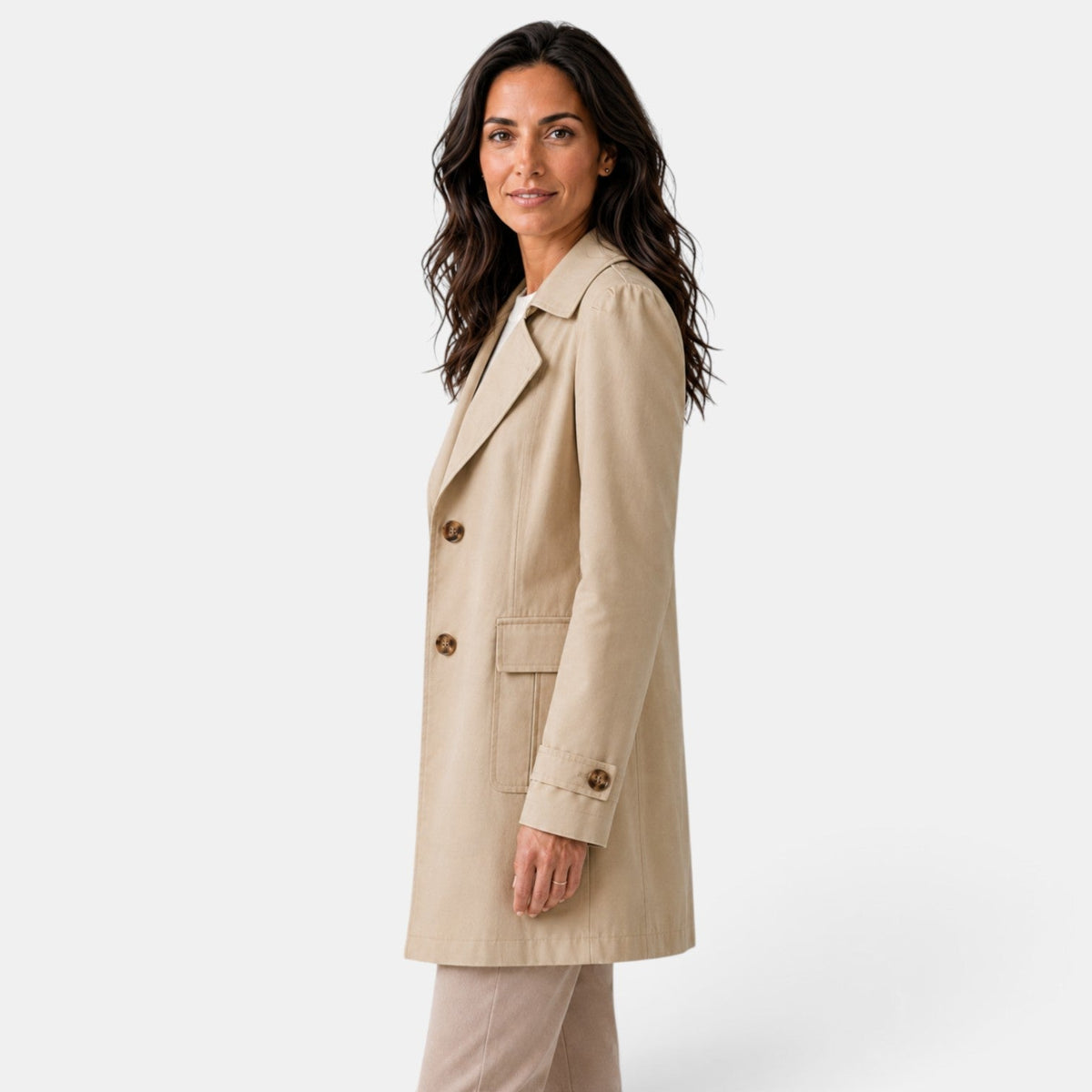 Women's long button-front trench coat with notched lapels and flap pockets