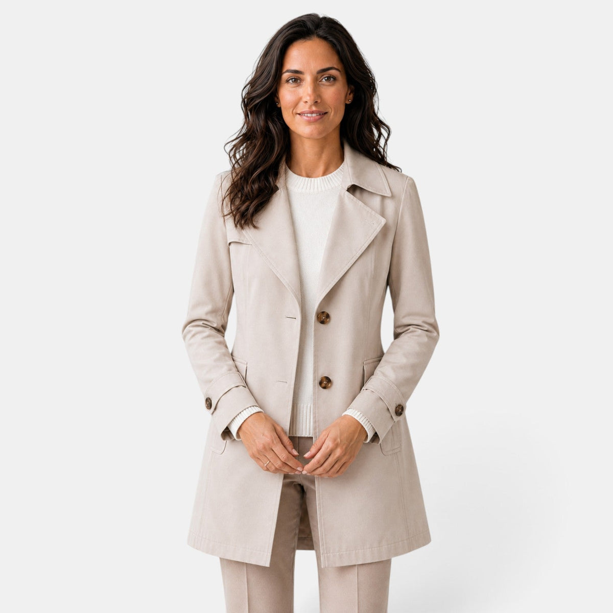 Women's long button-front trench coat with notched lapels and flap pockets