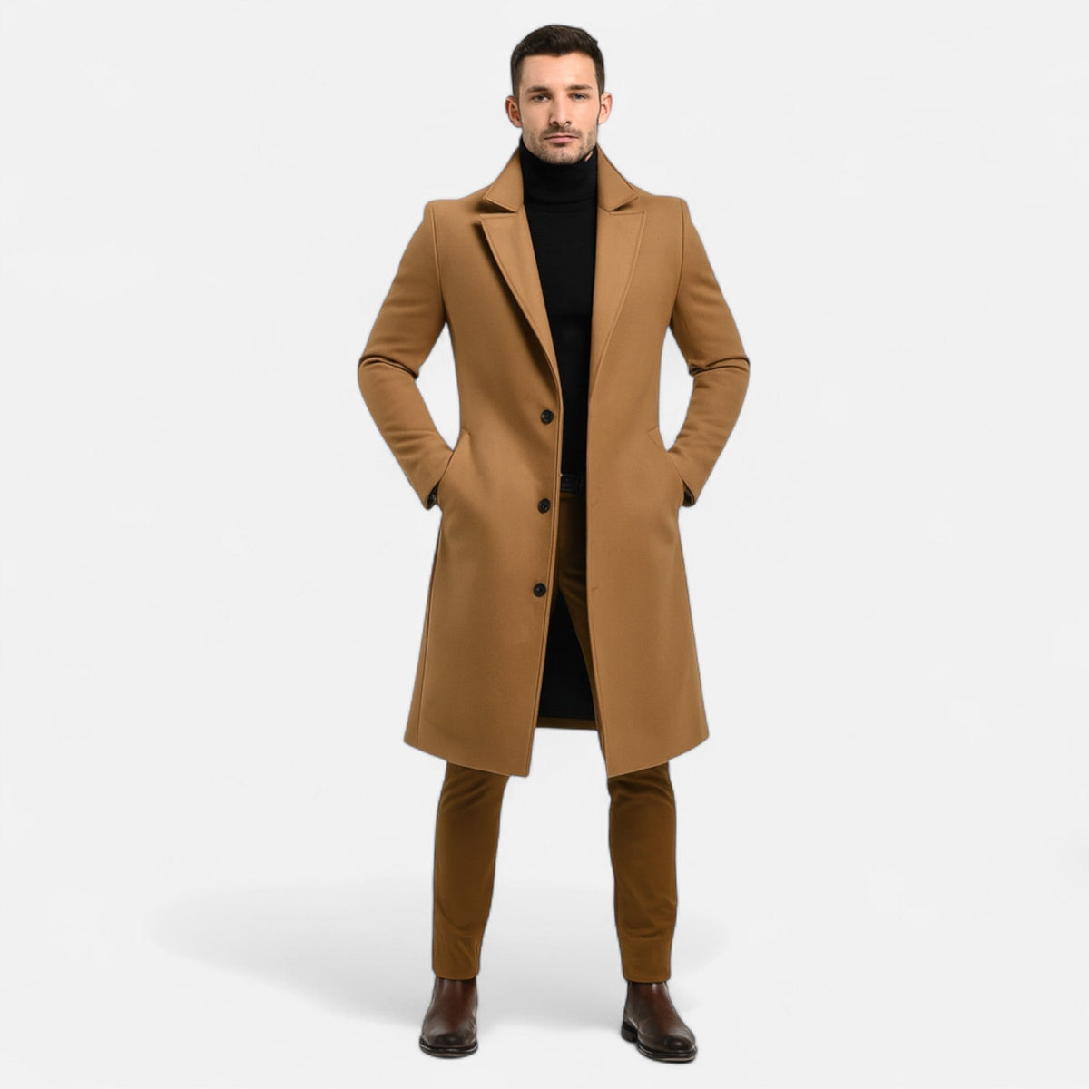 Men's long overcoat with lapels, button front and side pockets
