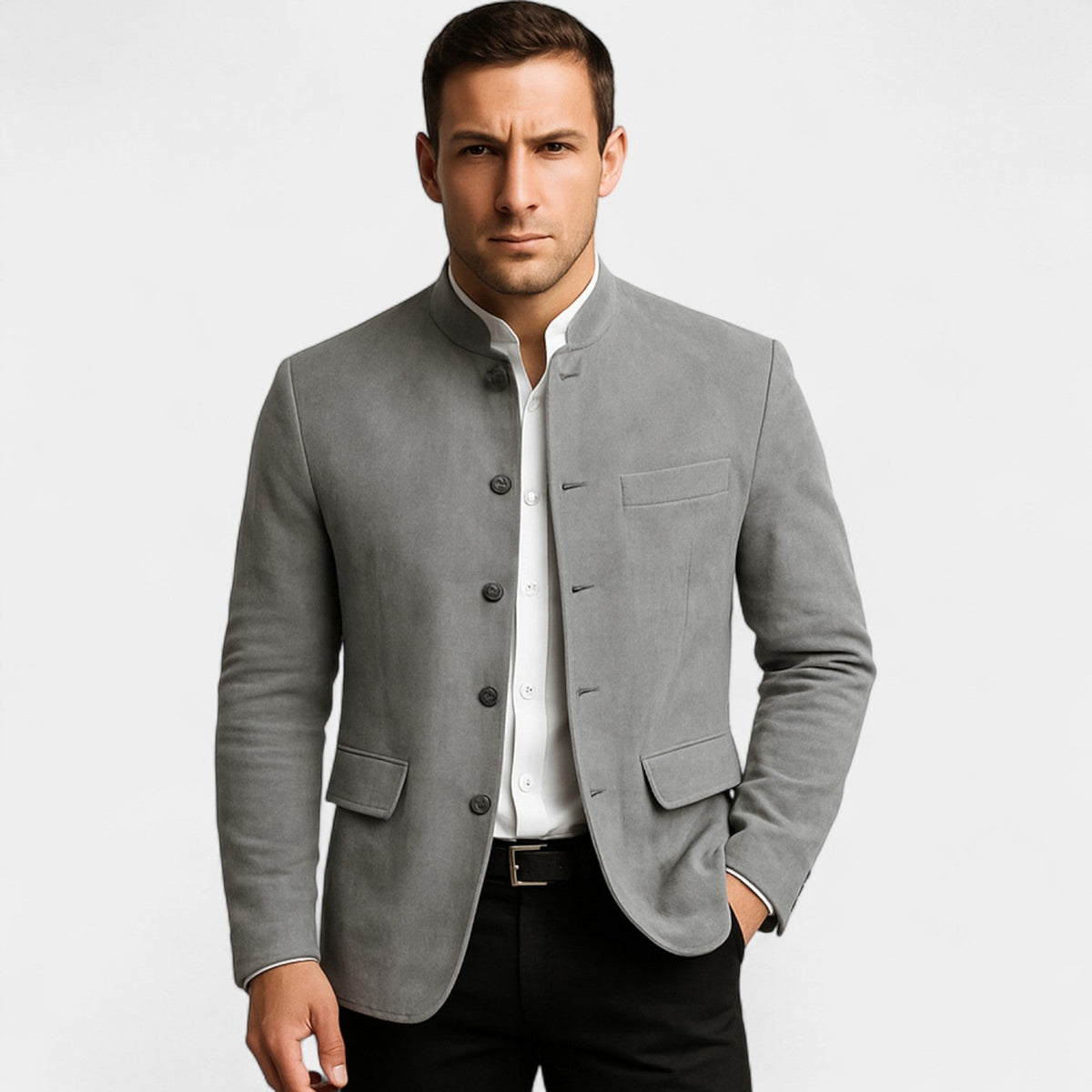 Men's textured blazer with mandarin collar, button front and flap pockets