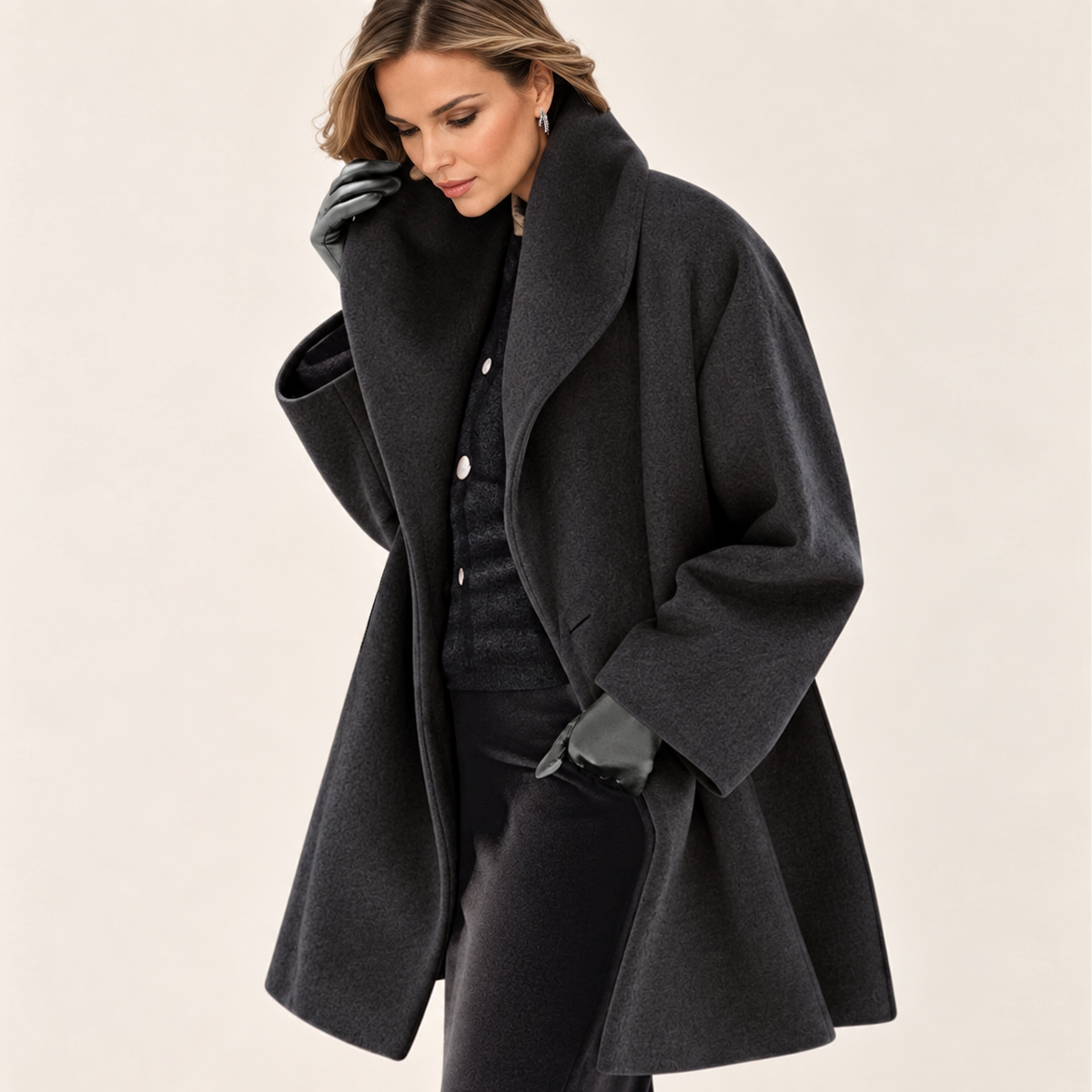 Women's longline textured jacket with wide shawl collar and long sleeves