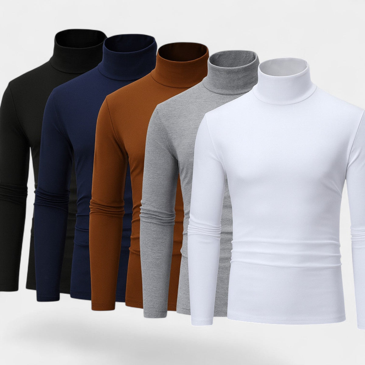 Men's slim long-sleeve roll-neck jumper shown in black and navy
