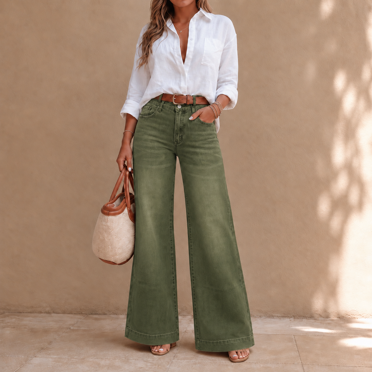 Women's high-rise wide-leg vintage wash jeans shown in brown and green colourways