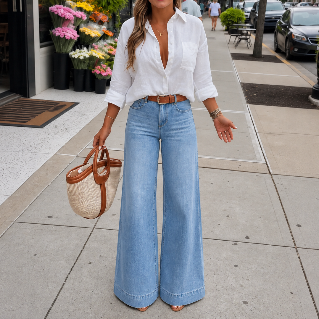 Women's high-rise wide-leg vintage wash jeans shown in brown and green colourways