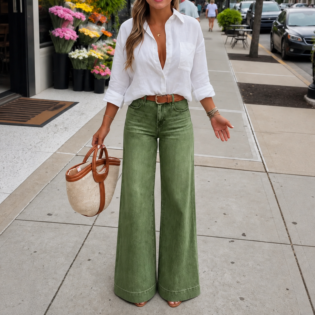 Women's high-rise wide-leg vintage wash jeans shown in brown and green colourways