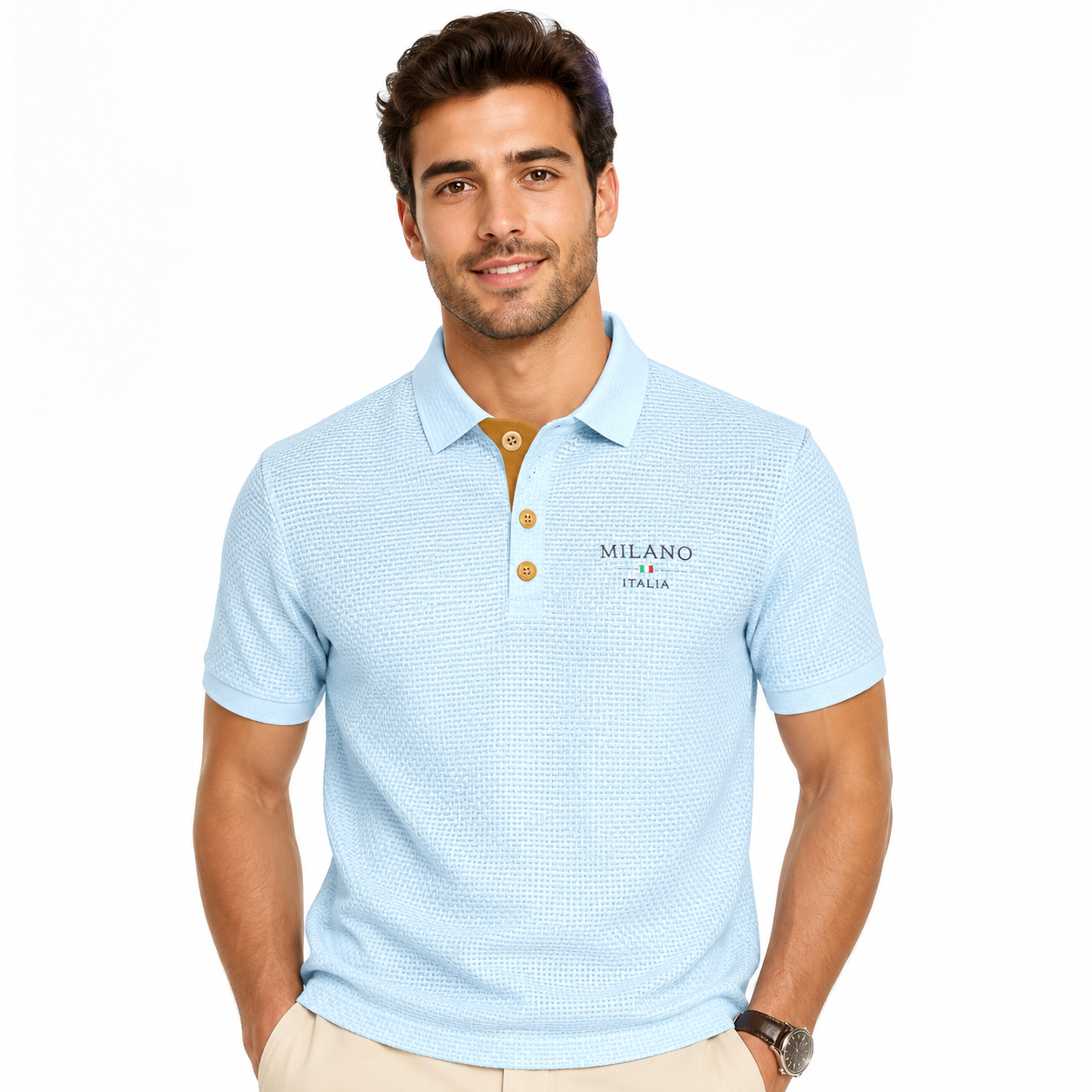 Men's Polo Shirt Textured Waffle-Knit Short Sleeve - Light Blue