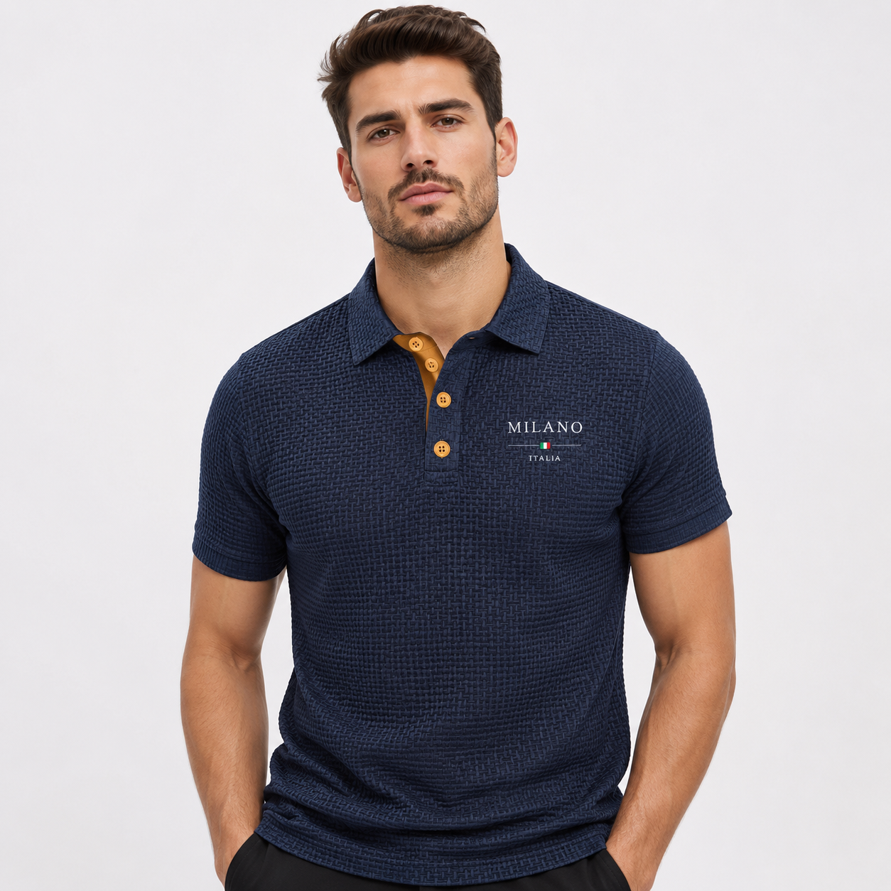 Men's Polo Shirt Textured Waffle-Knit Short Sleeve - Navy