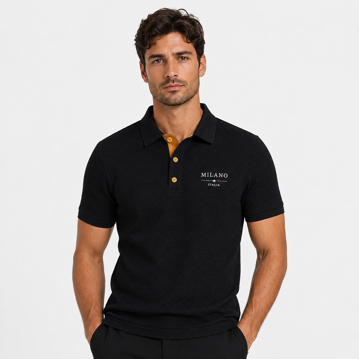 Men's Polo Shirt Textured Waffle-Knit Short Sleeve - Black