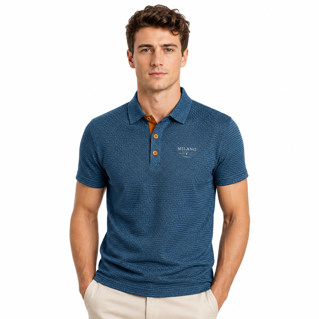 Men's Polo Shirt Textured Waffle-Knit Short Sleeve - Blue