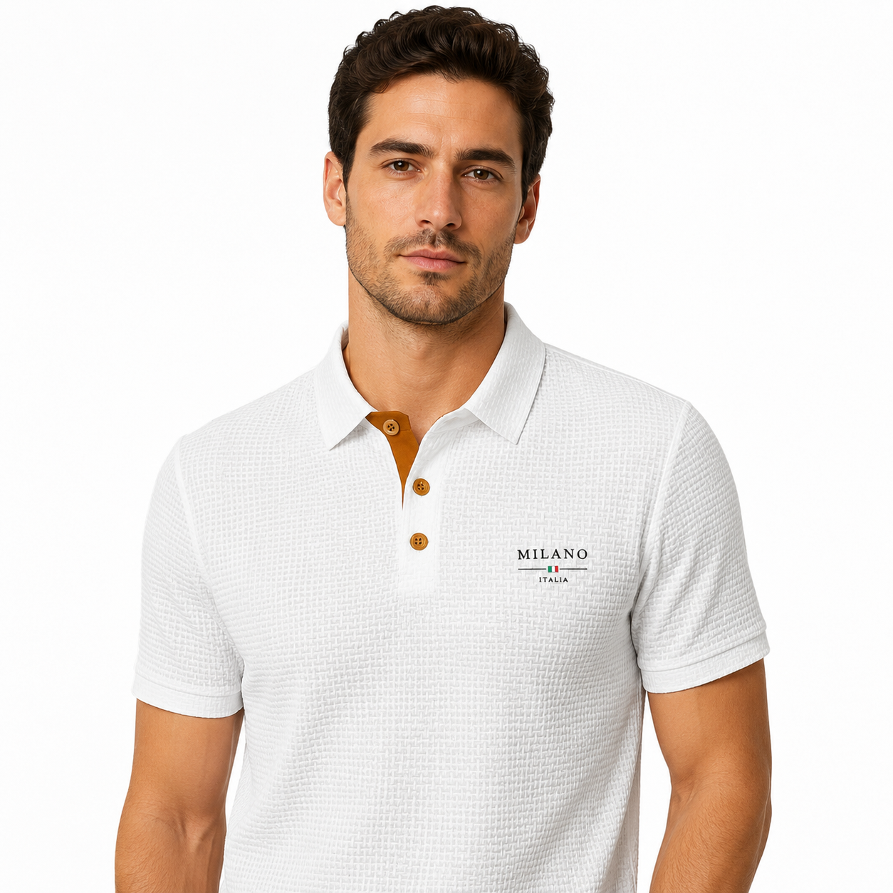 Men's Polo Shirt Textured Waffle-Knit Short Sleeve - White