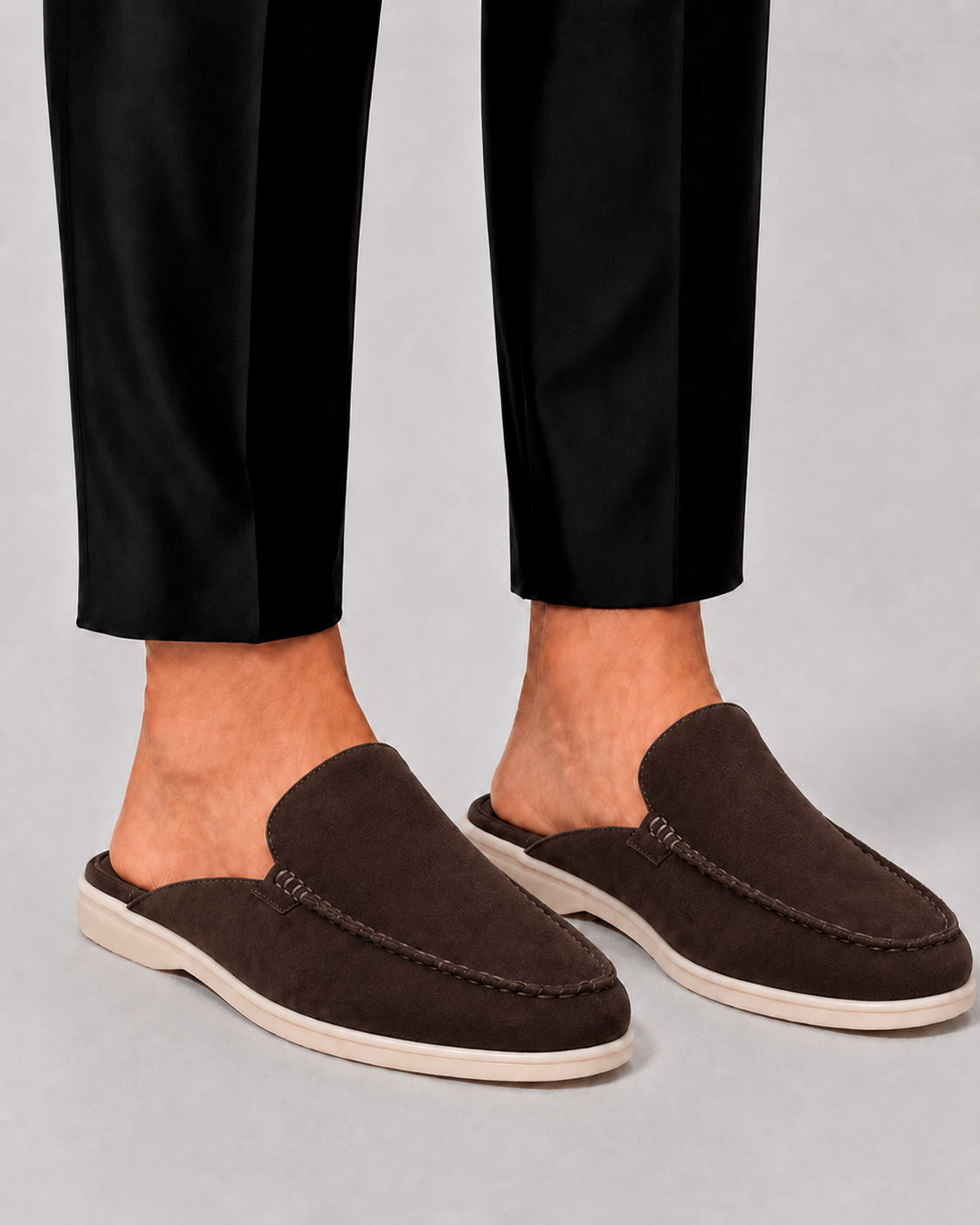 Men's open-back loafer mules with moc toes and stitched trims