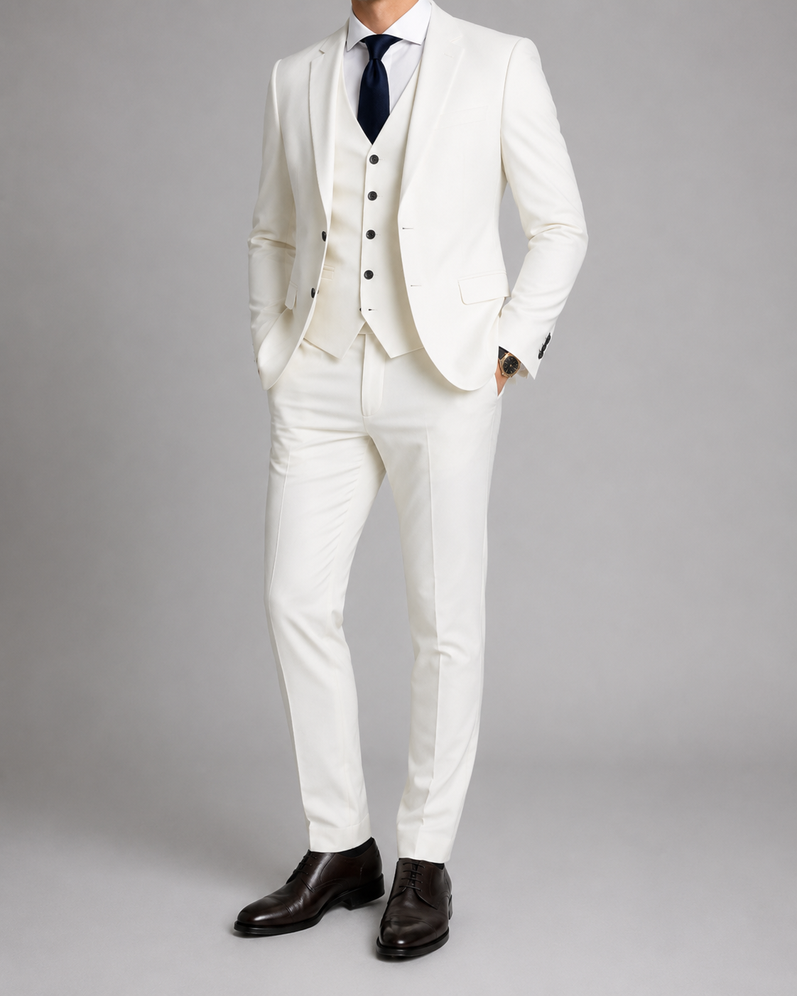 Men's three piece suit with fitted jacket, waistcoat and tailored trousers