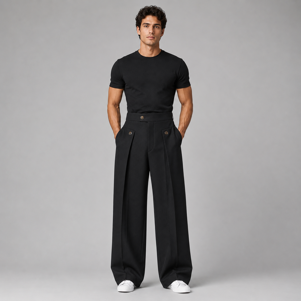 Men's Wide-Leg Trousers High-Waist Pleated Button Detail - Black
