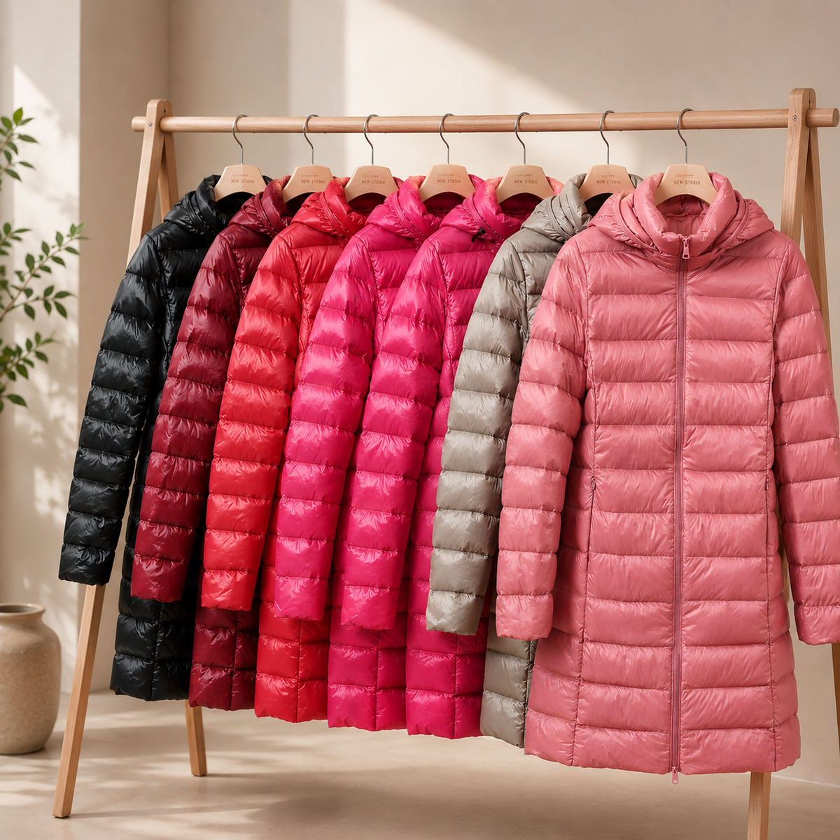 Women's quilted longline hooded puffer coat with zip front