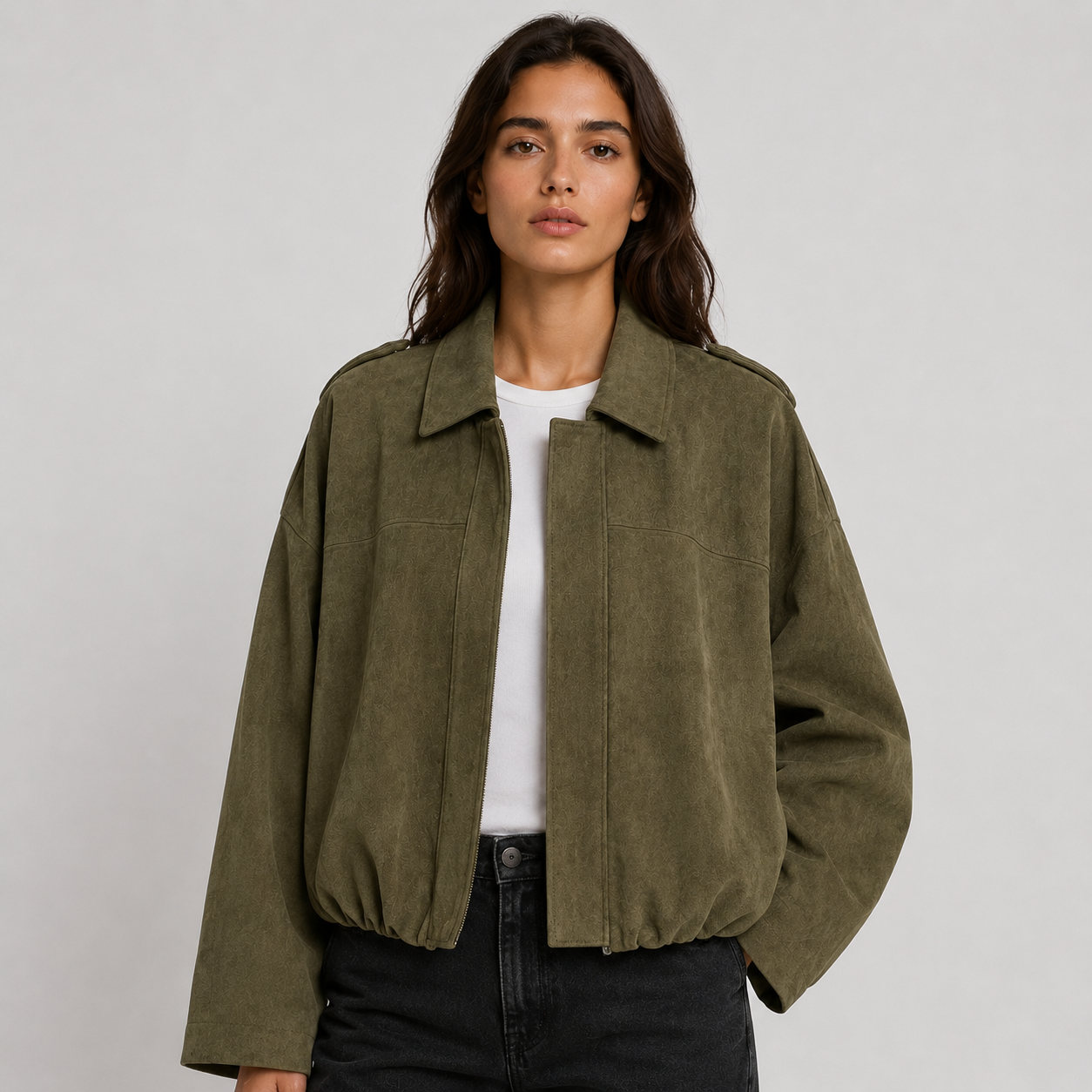 Women's Suede Jacket Oversized Spread Collar Zip - Green