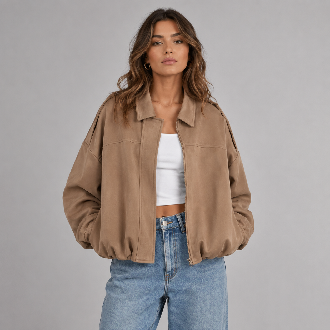 Women's Suede Jacket Oversized Spread Collar Zip - Khaki