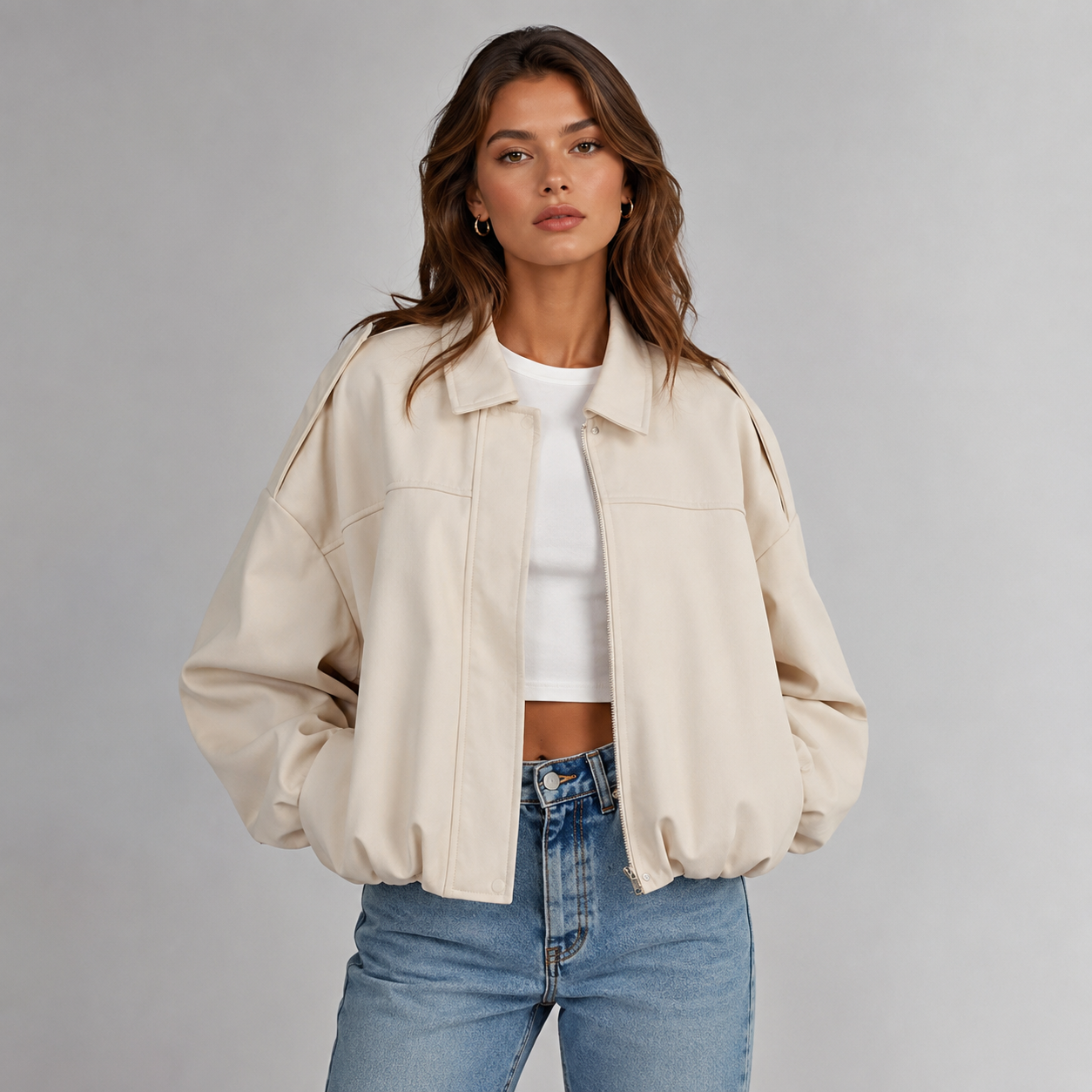 Women's Suede Jacket Oversized Spread Collar Zip - White