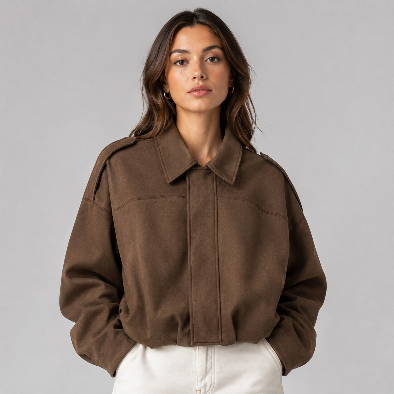 Women's Suede Jacket Oversized Spread Collar Zip - Brown