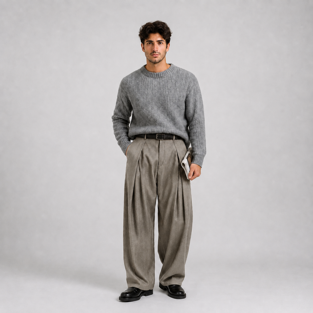 Men's Wide-Leg Trousers Pleated High-Waist Tailored Fit - Light Brown