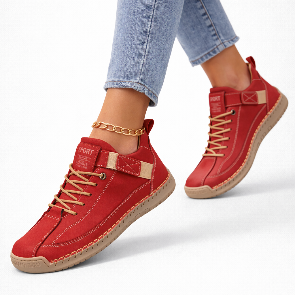 Women's lace-up ankle sneakers with rounded toes, strap detail and flat textured soles