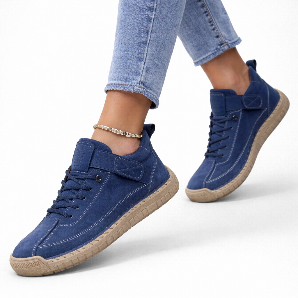 Women's lace-up ankle sneakers with rounded toes, strap detail and flat textured soles