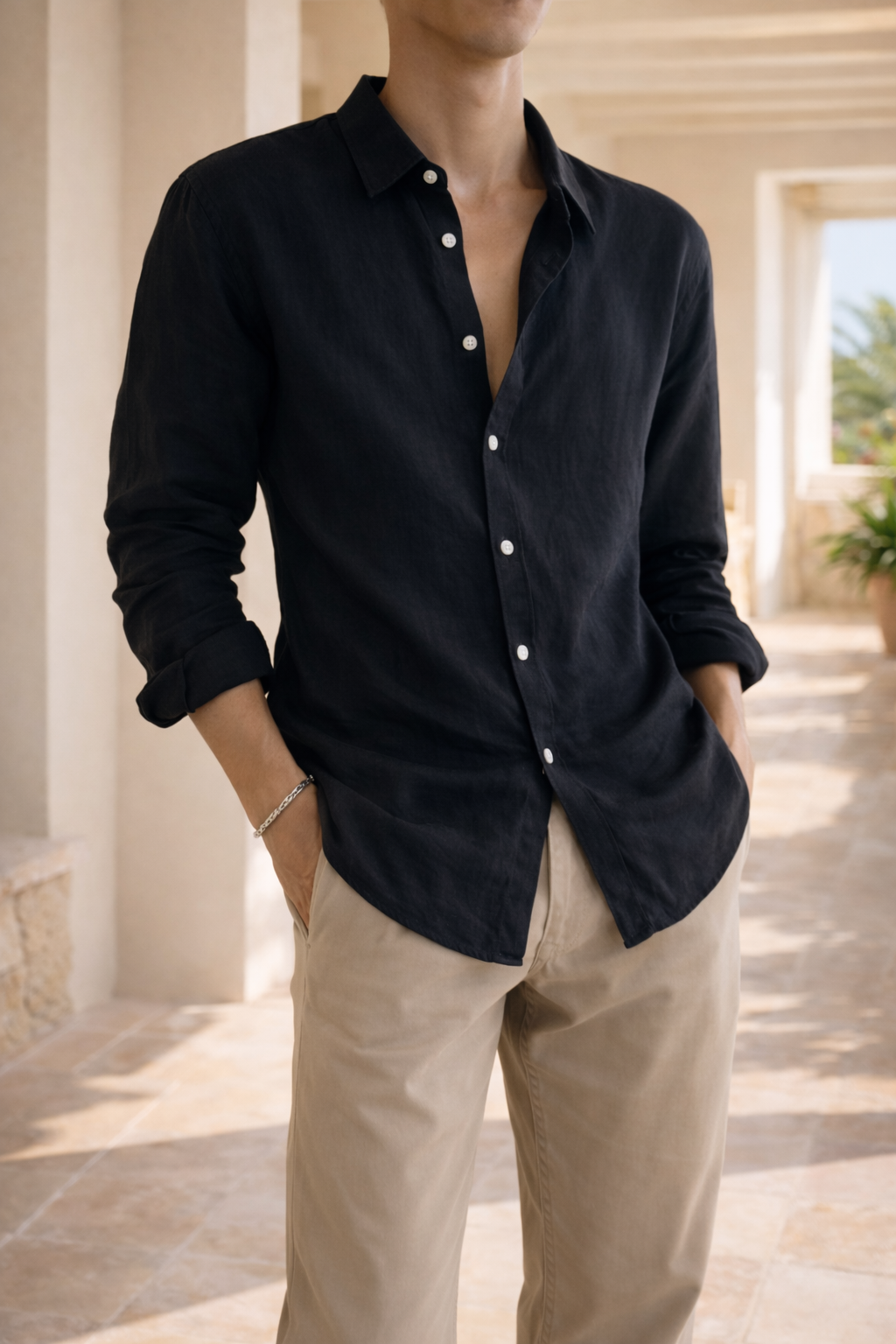 Men's Linen Shirt Relaxed Fit Long Sleeve - Black