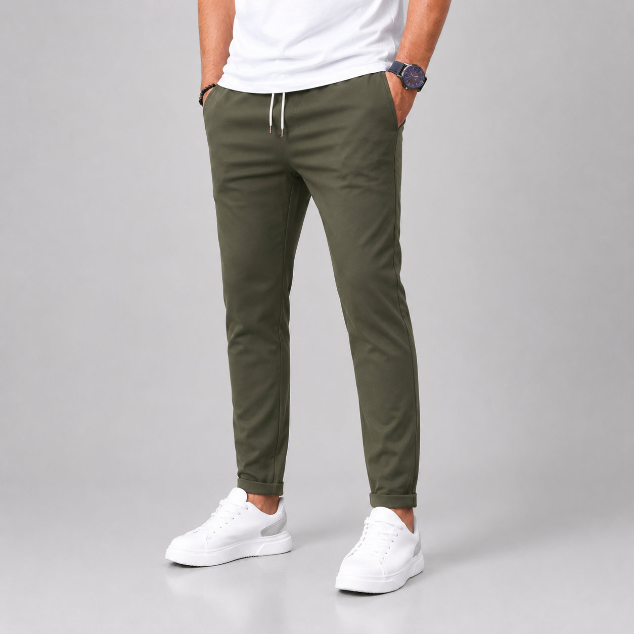 Men's Slim Trousers Tapered Leg Drawstring Waist - Dark Green
