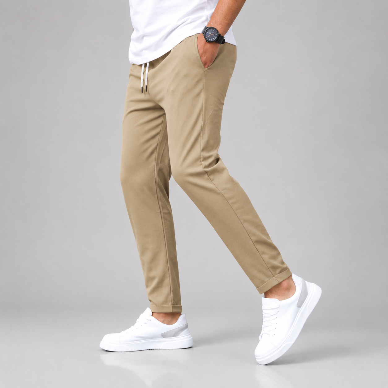 Men's Slim Trousers Tapered Leg Drawstring Waist - Beige