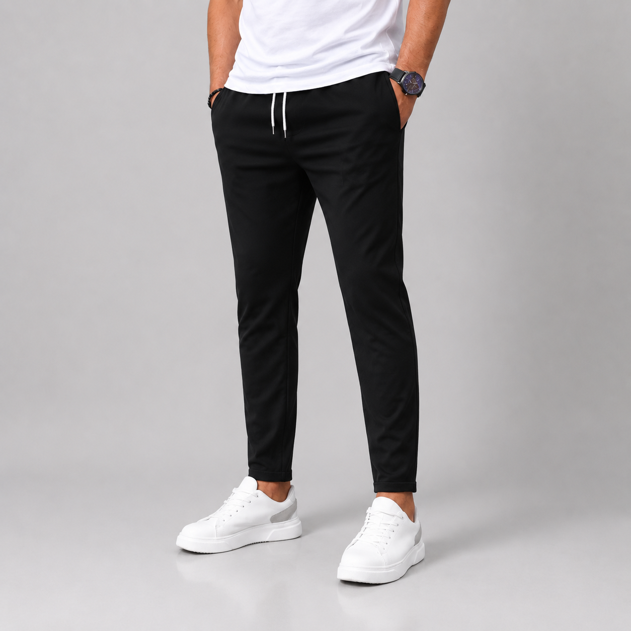 Men's Slim Trousers Tapered Leg Drawstring Waist - Black