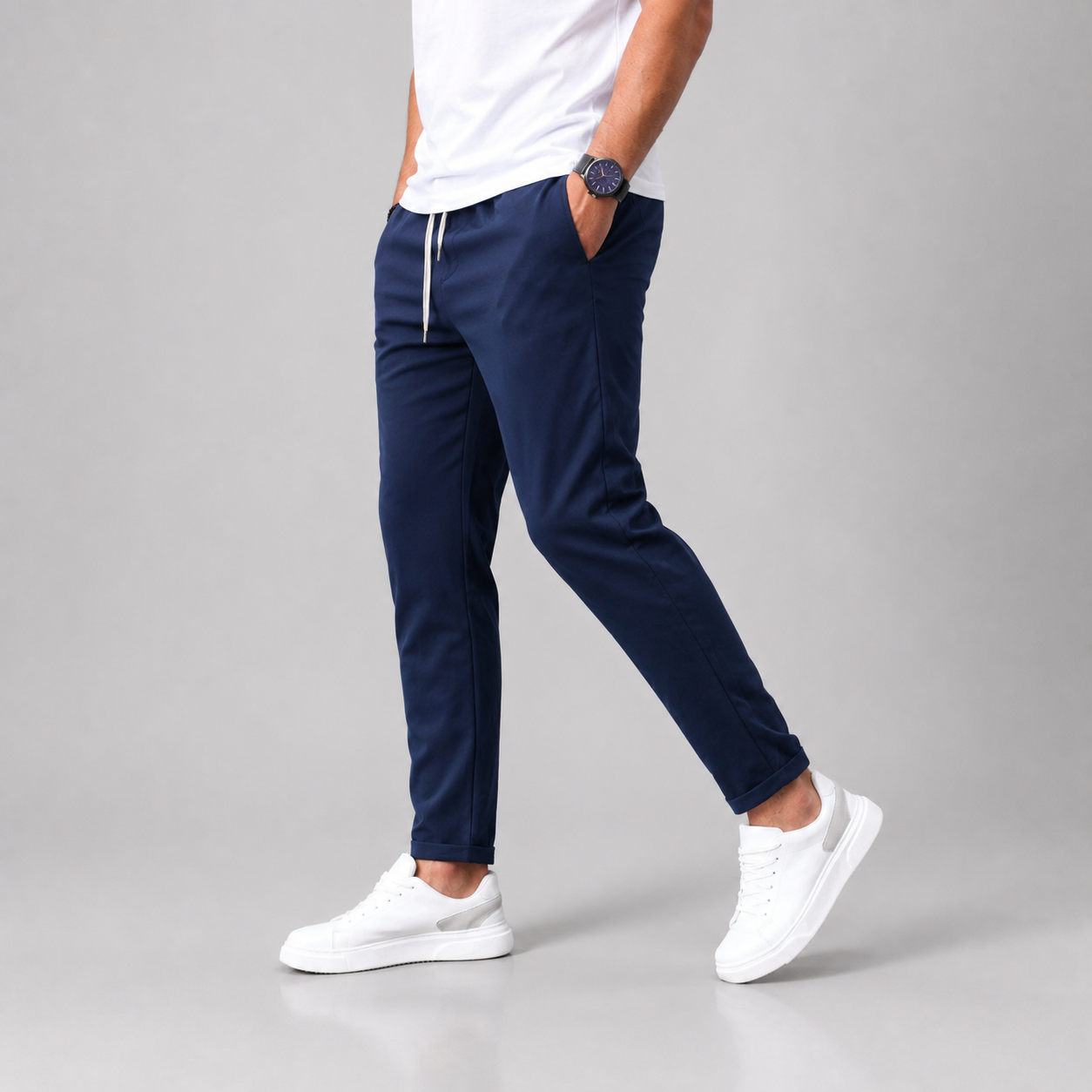 Men's Slim Trousers Tapered Leg Drawstring Waist - Navy