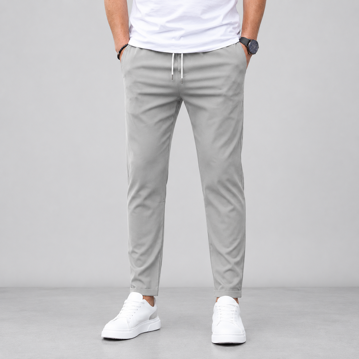 Men's Slim Trousers Tapered Leg Drawstring Waist - Grey