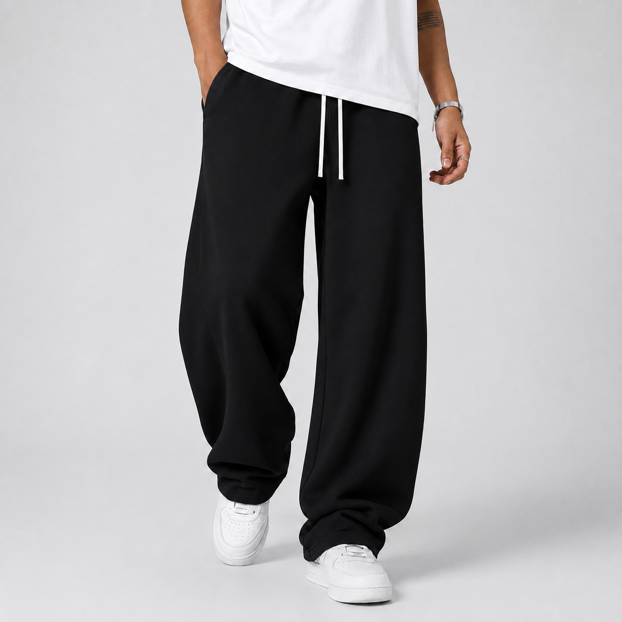 Men's Joggers Wide Leg Drawstring Waist - Black