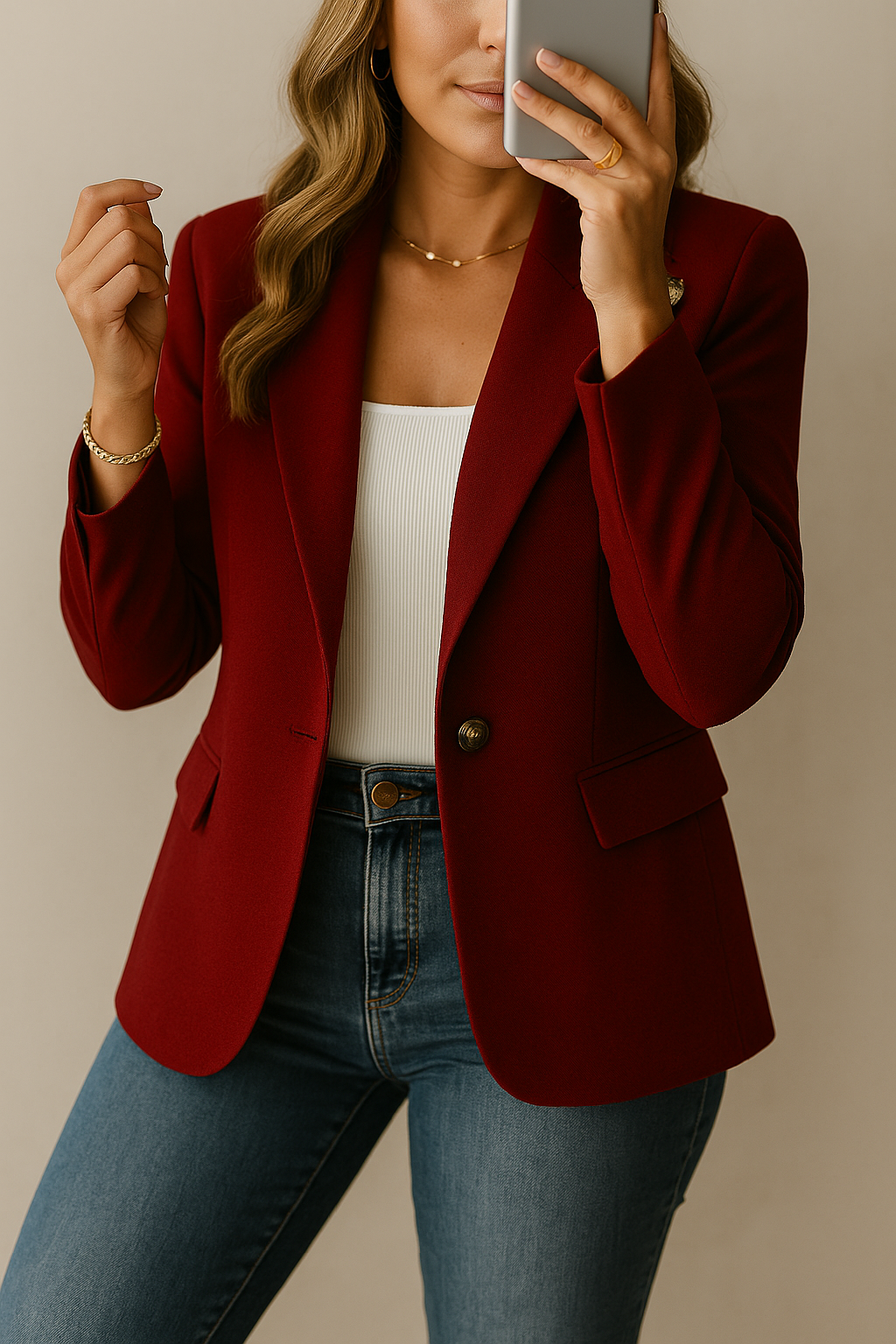 Women's tailored blazer with notched lapels, long sleeves and front pockets