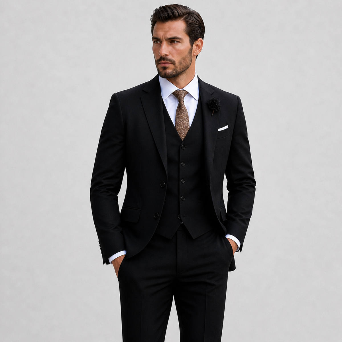 Men's three-piece suit with notch lapel jacket, waistcoat and matching trousers