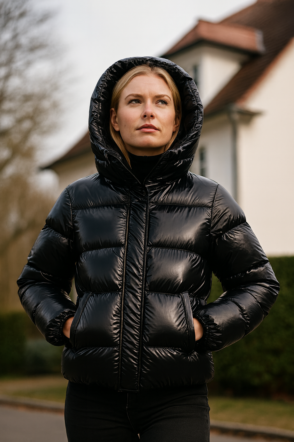 Women's hooded quilted puffer jacket with long sleeves and front pockets