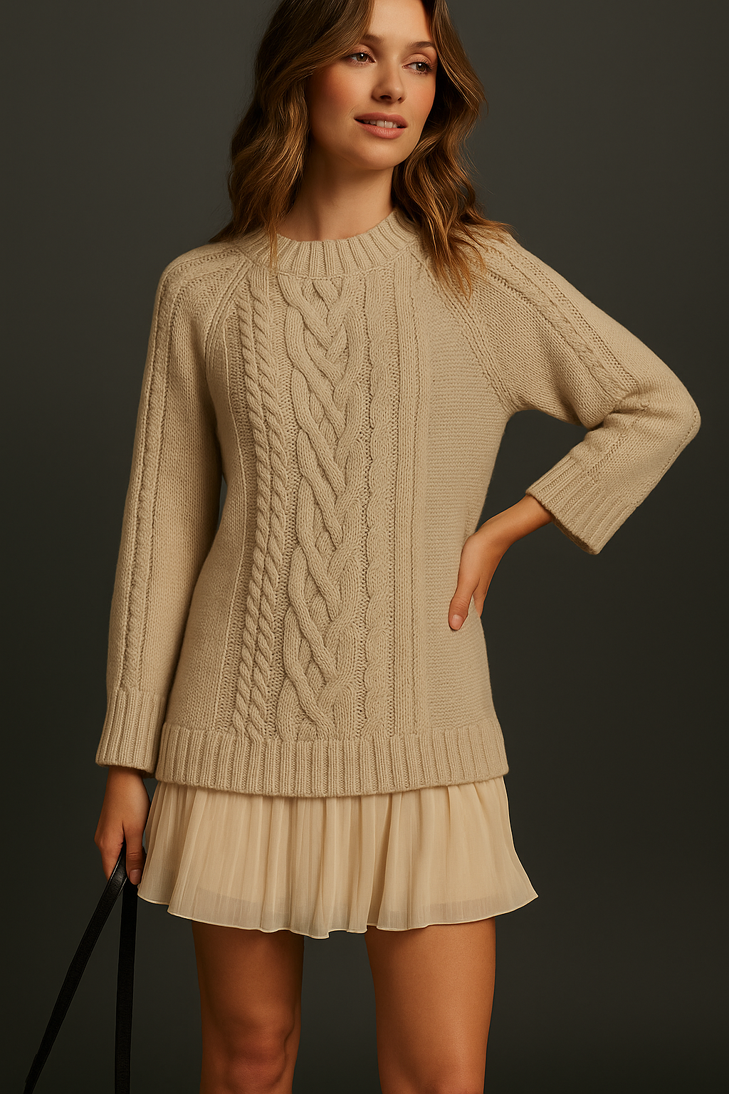 Women's cable knit mini dress with crew neck, long sleeves and pleated skirt panel