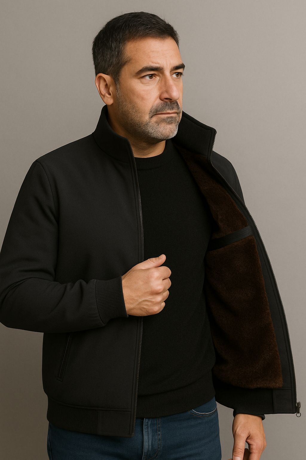 Men's plain stand collar jacket with fleece-style lining and zipped pockets