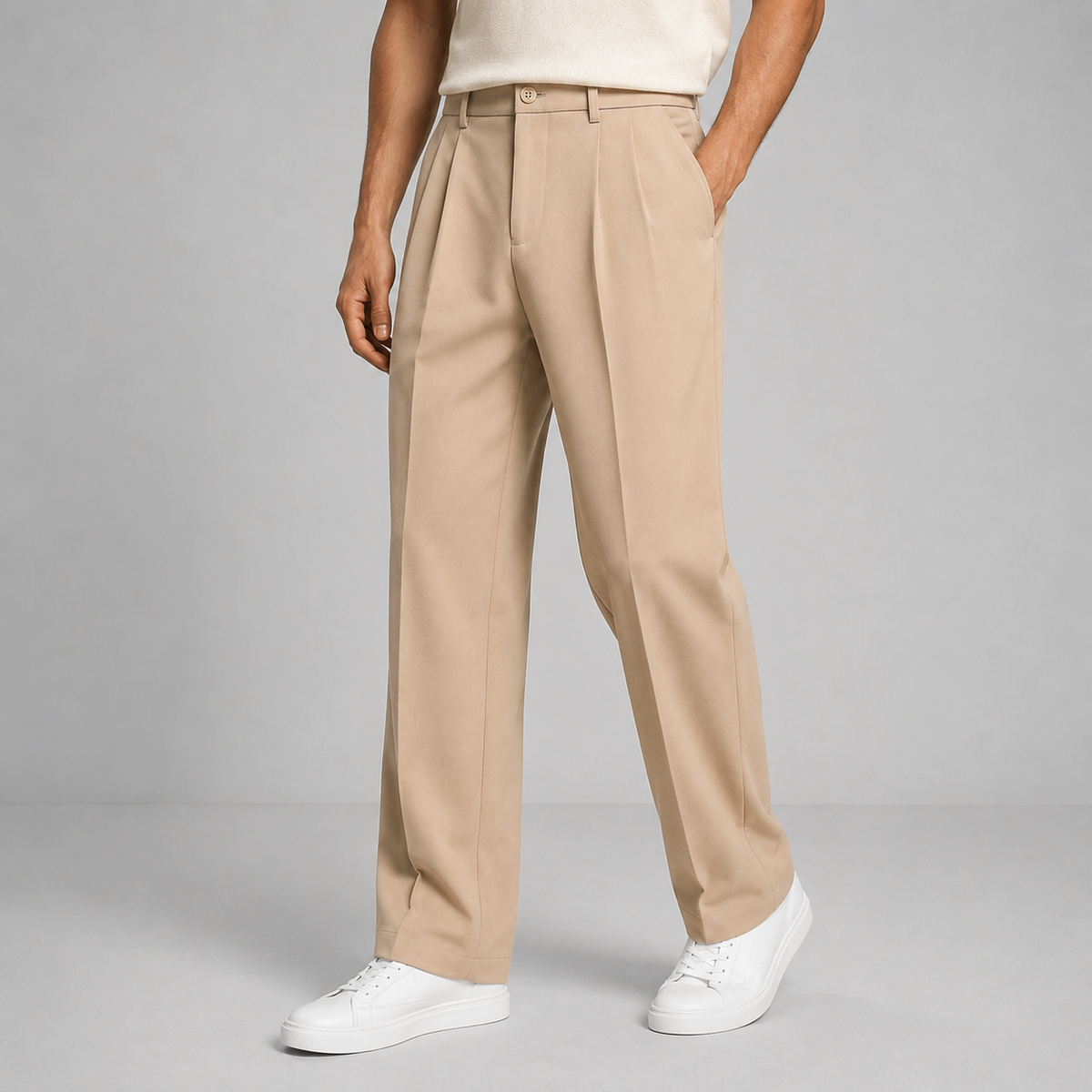 Men's Tailored Trousers Wide Leg Single Pleat - Beige